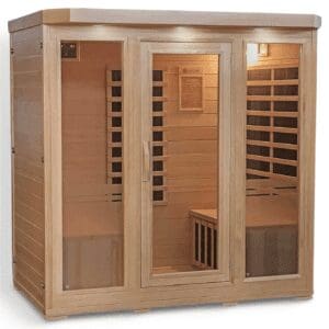 Three-person wooden sauna with glass doors.